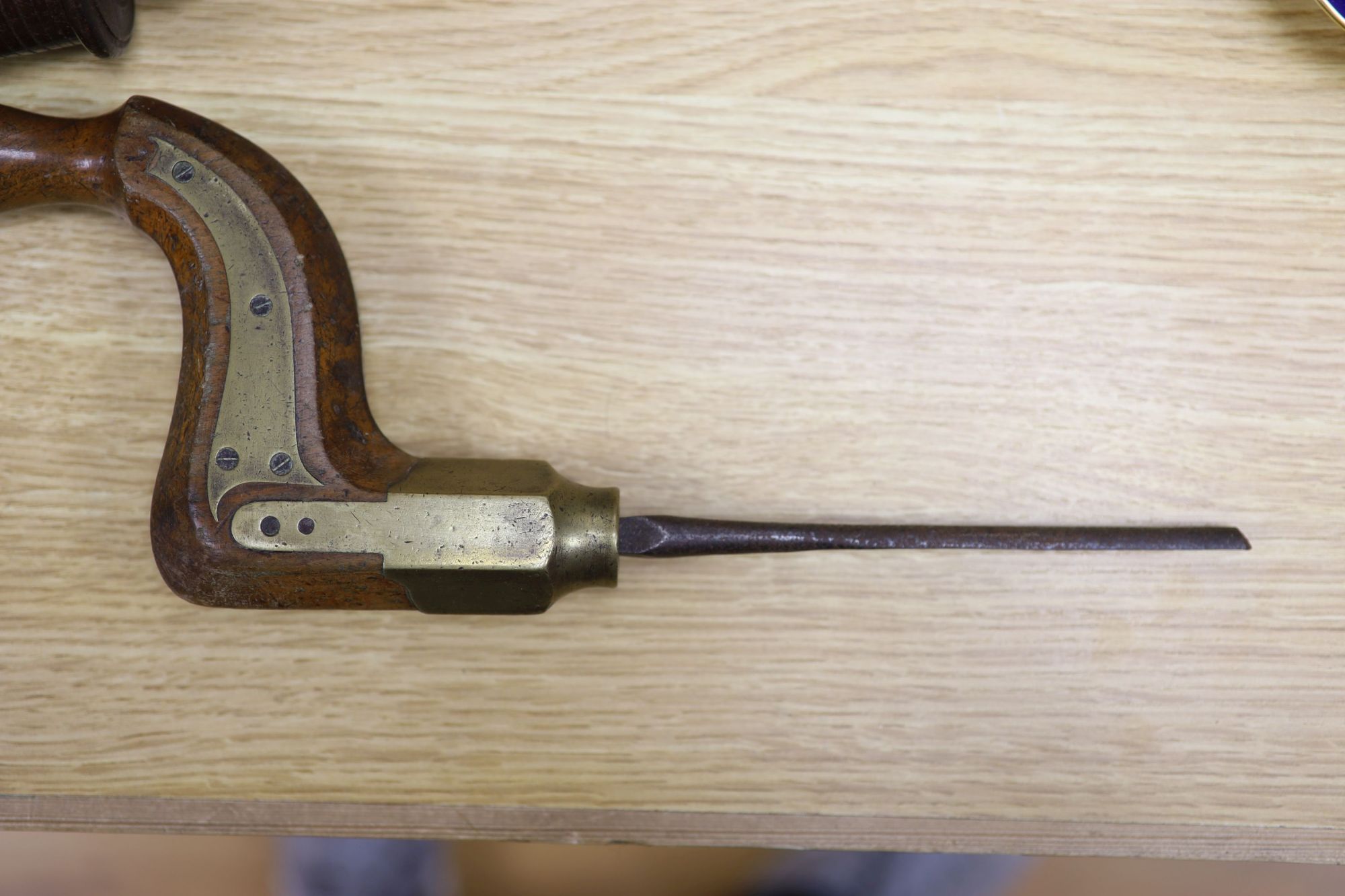 A Victorian beechwood brace, a Victorian tenon saw and one other tool (3)